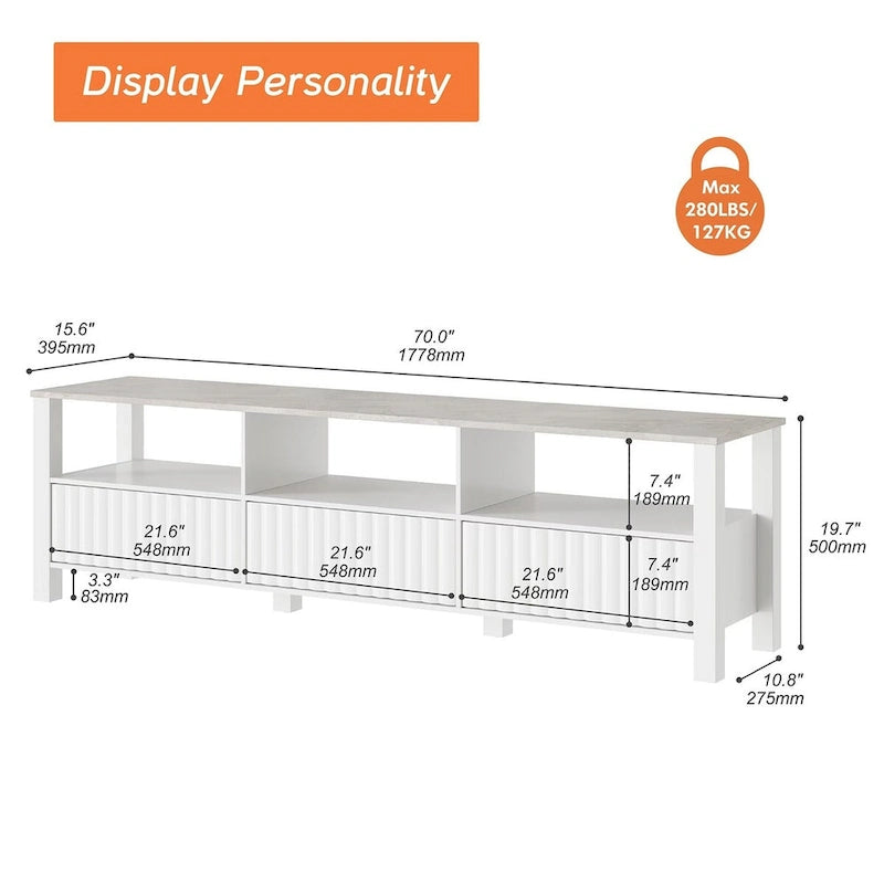 Meuble TV LED pour téléviseur de 75 pouces, meuble console TV moderne avec armoire