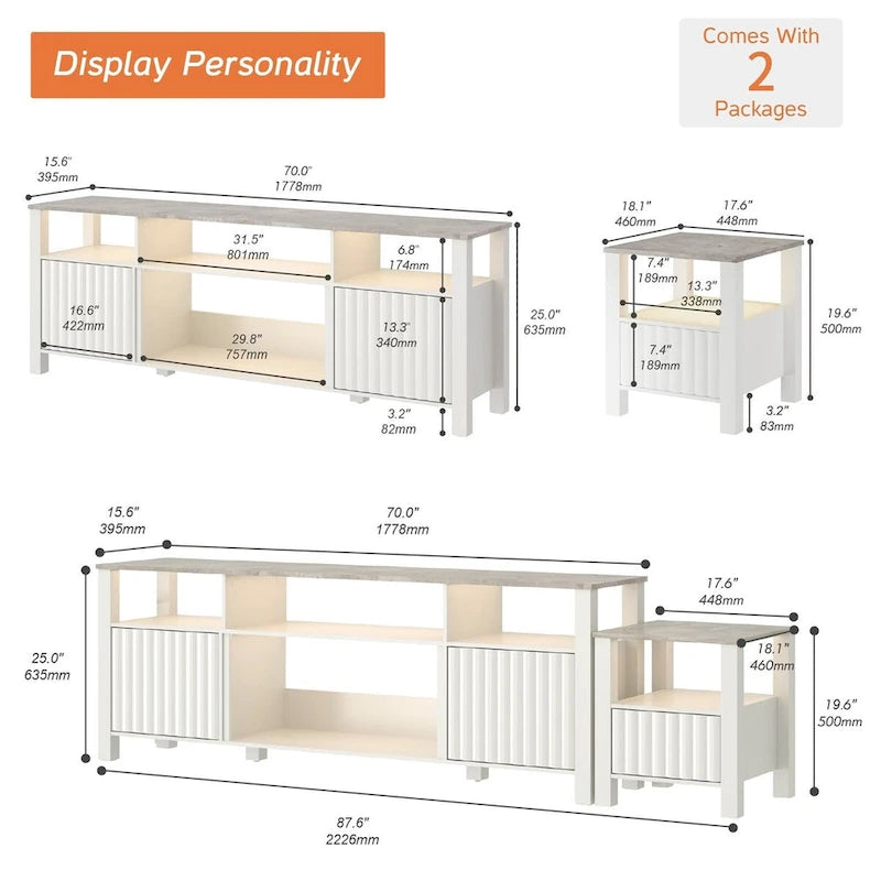 Meuble TV LED pour téléviseur de 75 pouces, meuble console TV moderne avec armoire
