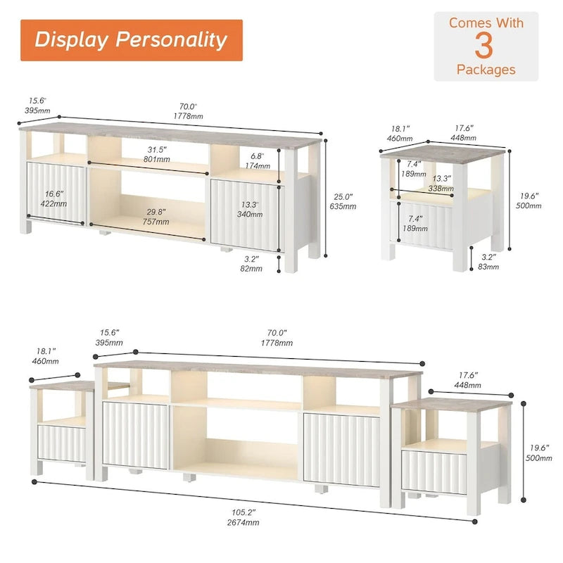 Meuble TV LED pour téléviseur de 75 pouces, meuble console TV moderne avec armoire