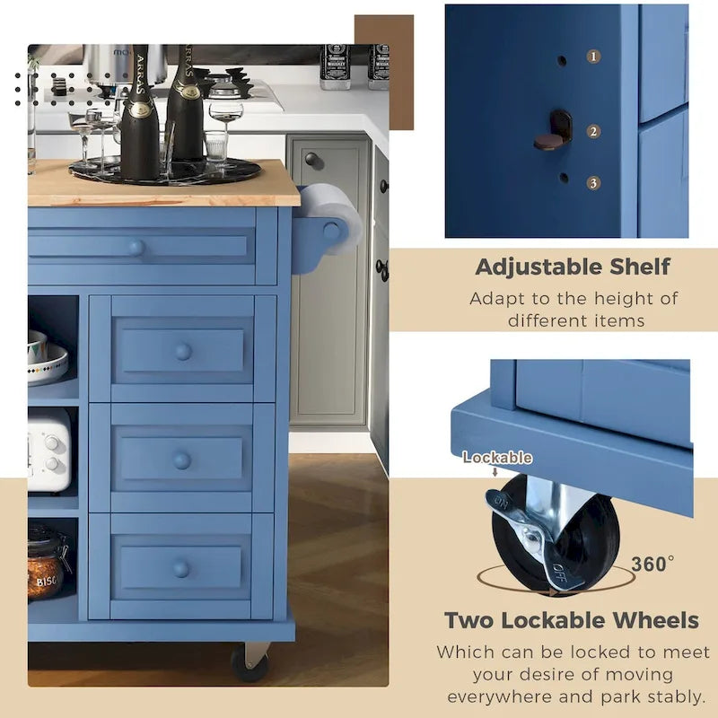 Îlot de cuisine roulant avec 5 tiroirs, étagère à épices et porte-serviettes