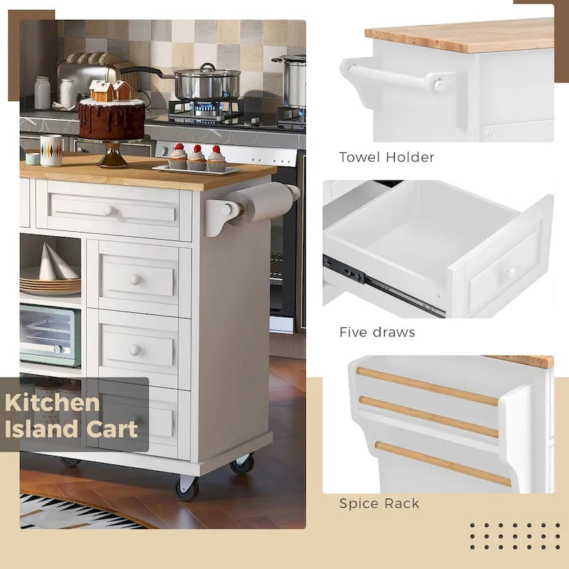 Îlot de cuisine roulant avec 5 tiroirs, étagère à épices et porte-serviettes