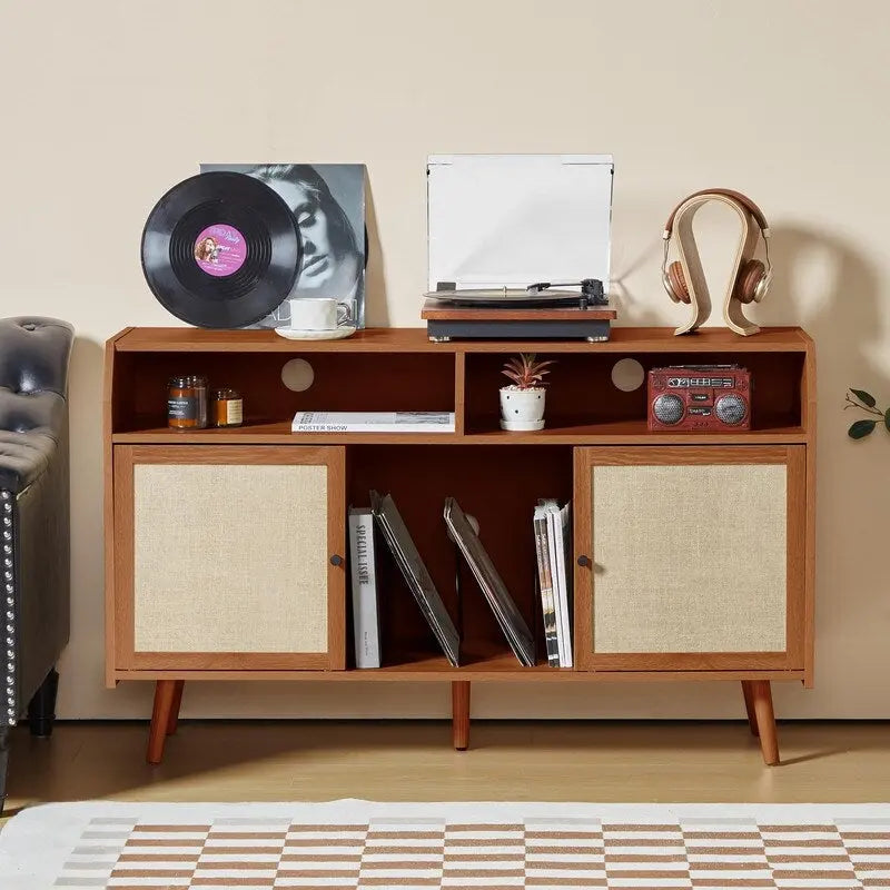 Meuble pour tourne-disque avec rangement pour vinyles, portes coulissantes en lin et gestion des câbles