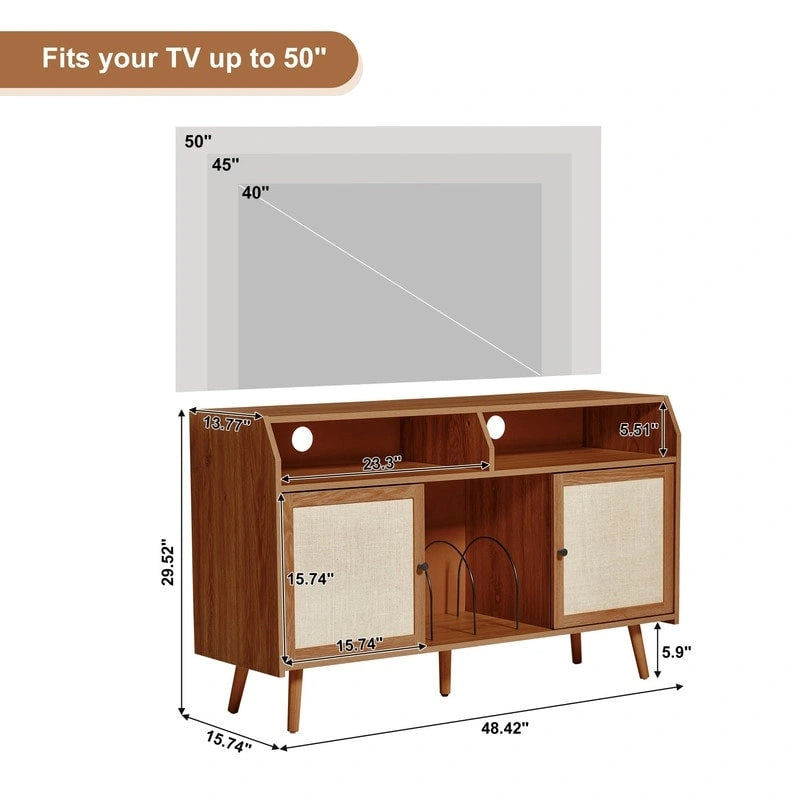 Meuble pour tourne-disque avec rangement pour vinyles, portes coulissantes en lin et gestion des câbles