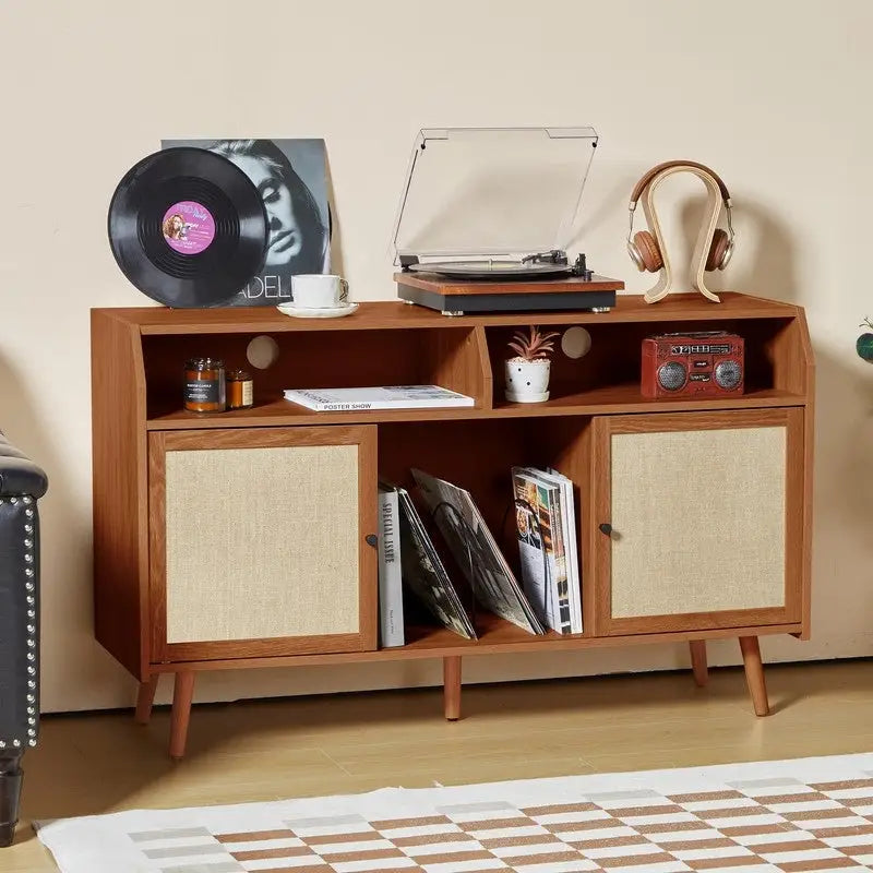 Meuble pour tourne-disque avec rangement pour vinyles, portes coulissantes en lin et gestion des câbles