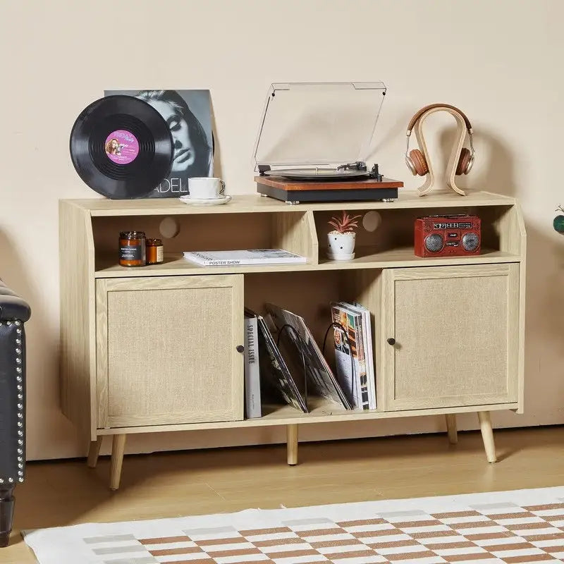 Meuble pour tourne-disque avec rangement pour vinyles, portes coulissantes en lin et gestion des câbles