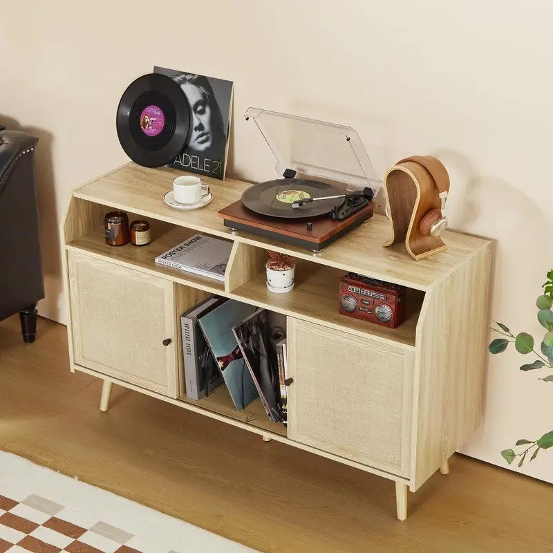 Meuble pour tourne-disque avec rangement pour vinyles, portes coulissantes en lin et gestion des câbles