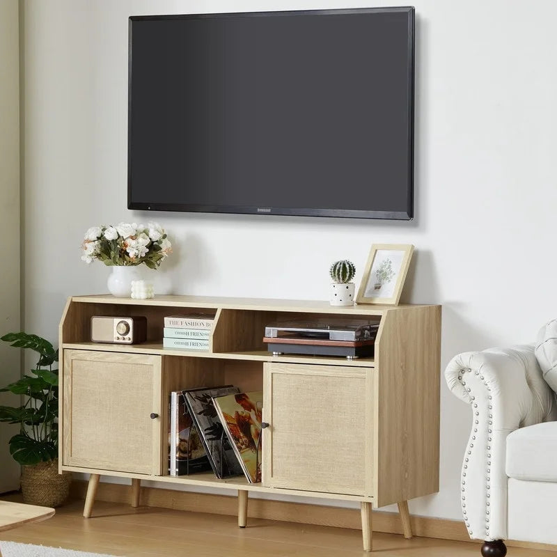Meuble pour tourne-disque avec rangement pour vinyles, portes coulissantes en lin et gestion des câbles