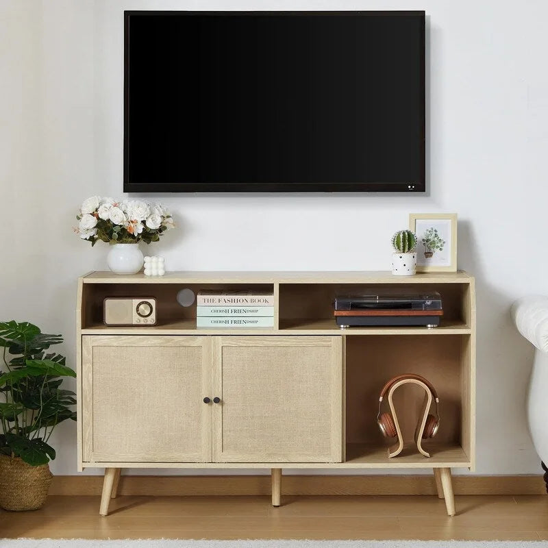 Meuble pour tourne-disque avec rangement pour vinyles, portes coulissantes en lin et gestion des câbles
