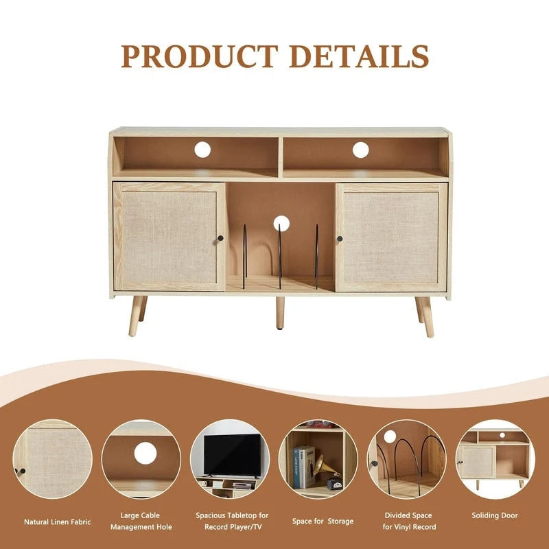 Meuble pour tourne-disque avec rangement pour vinyles, portes coulissantes en lin et gestion des câbles