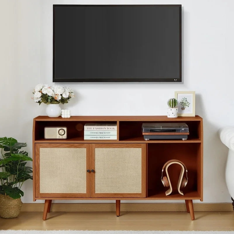 Meuble pour tourne-disque avec rangement pour vinyles, portes coulissantes en lin et gestion des câbles
