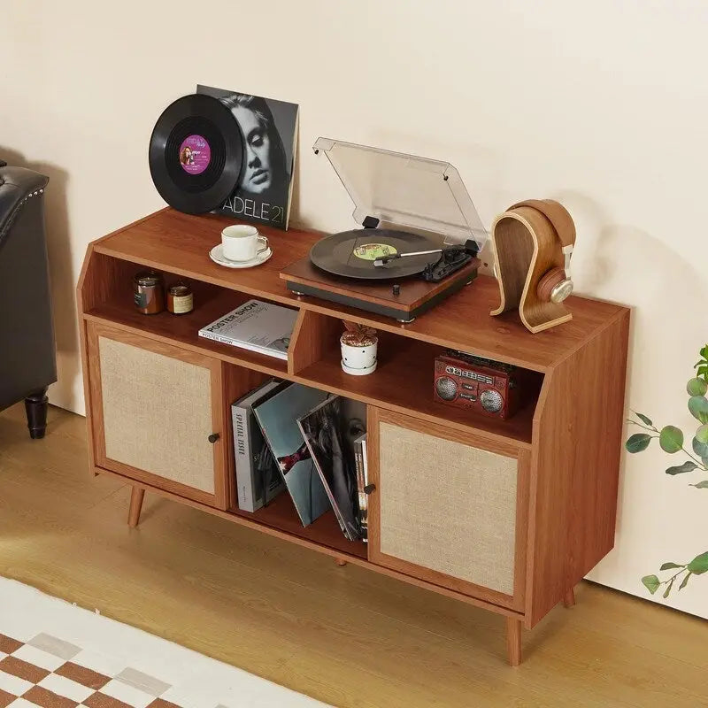 Meuble pour tourne-disque avec rangement pour vinyles, portes coulissantes en lin et gestion des câbles