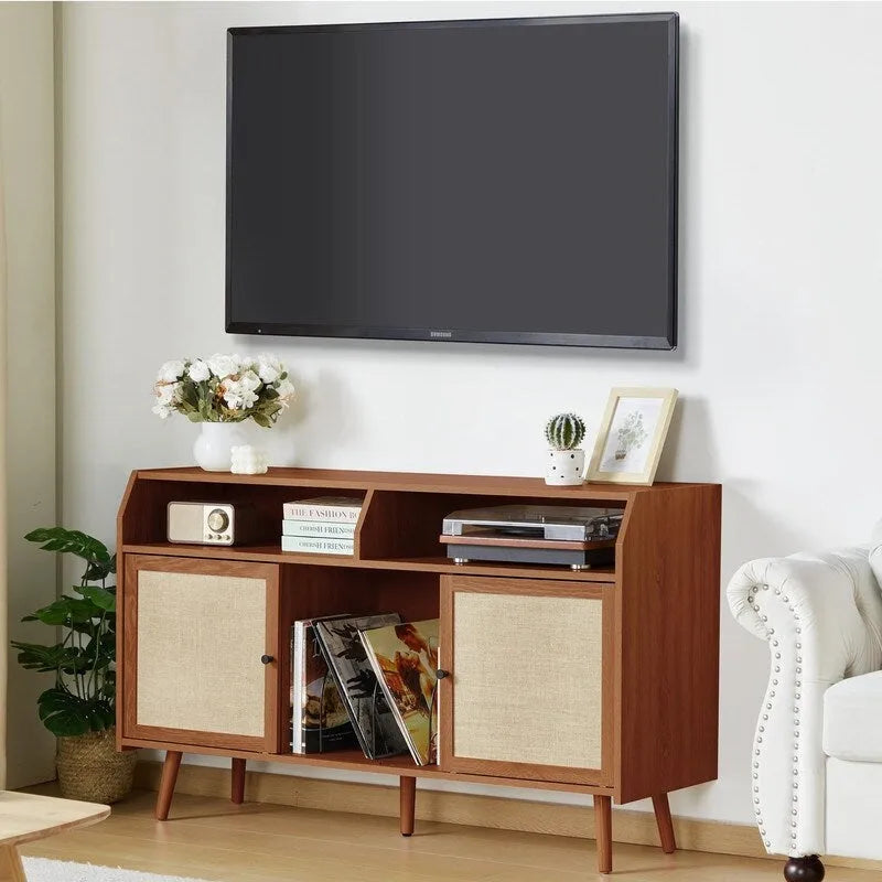 Meuble pour tourne-disque avec rangement pour vinyles, portes coulissantes en lin et gestion des câbles