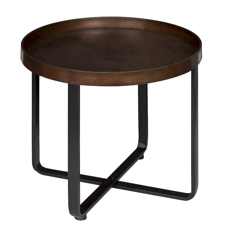 Table d'appoint ronde en métal avec plateau de type « plateau de service » et finition brossée