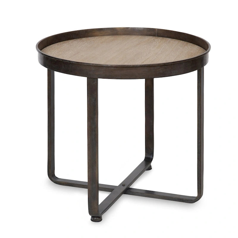 Table d'appoint ronde en métal avec plateau de type « plateau de service » et finition brossée