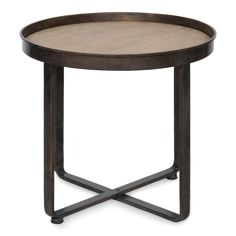 Table d'appoint ronde en métal avec plateau de type « plateau de service » et finition brossée