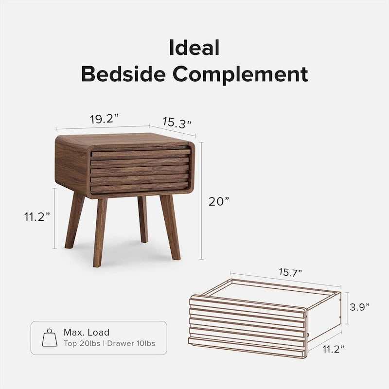 Table de chevet Mid-Century Moderne avec porte à lattes et tiroir à glissière douce