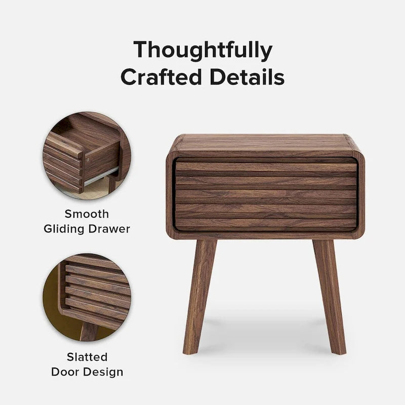 Table de chevet Mid-Century Moderne avec porte à lattes et tiroir à glissière douce