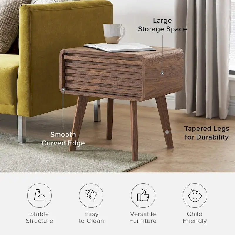 Table de chevet Mid-Century Moderne avec porte à lattes et tiroir à glissière douce