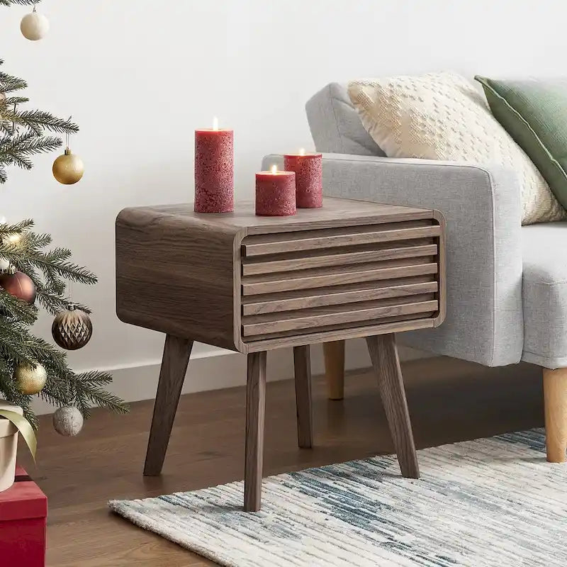Table de chevet Mid-Century Moderne avec porte à lattes et tiroir à glissière douce