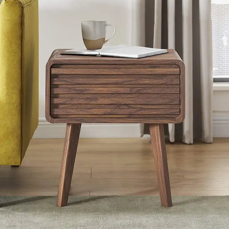 Table de chevet Mid-Century Moderne avec porte à lattes et tiroir à glissière douce